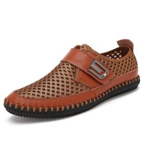 WEH Summer Shoes Men Flats Loafers Breathable Casual Chaussure Homme Real Leather Driver Moccasins Loafer casual Men Shoes (Option: Brown-43)