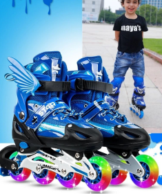 New Boy Girl Children Inline Skates Adjustable Size Flashing Roller Skating Boots for Kids (Option: Blue-L38to42)