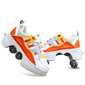 New Four-double Wheel Men's And Women's Children's Multi-color Pulley Shoes (Option: Passionate orange-27)
