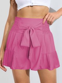 Smocked Tie-Front High-Rise Shorts (Color: Fuchsia Pink)