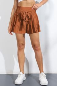 Smocked Tie-Front High-Rise Shorts (Color: Brick Red)